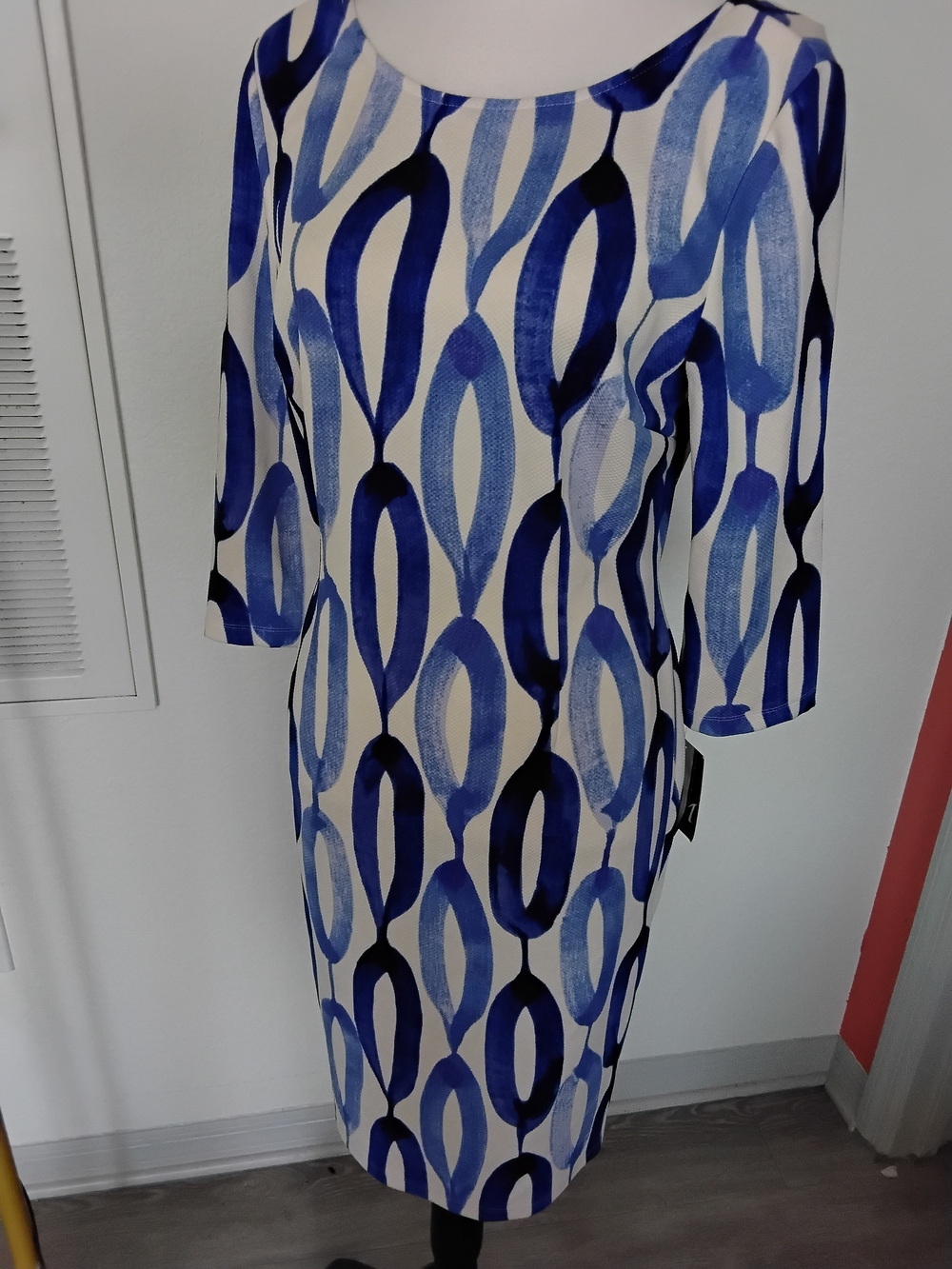 Abstract Blue & White Midi Sheath Dress